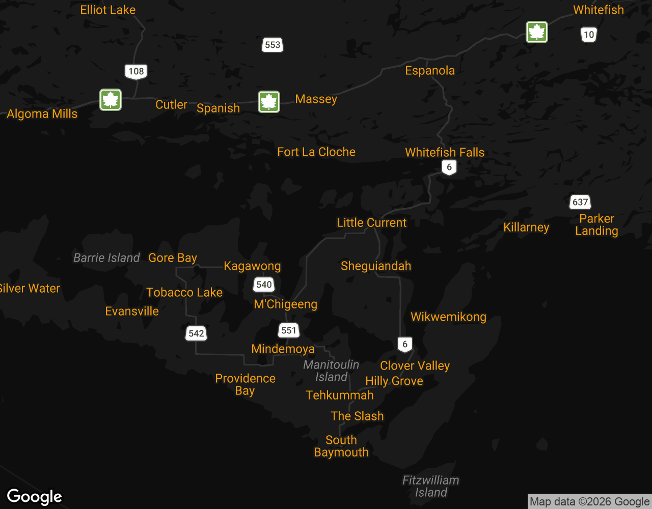 Service area map showing Little Current, Mindemoya, Gore Bay, Espanola, and Manitowaning